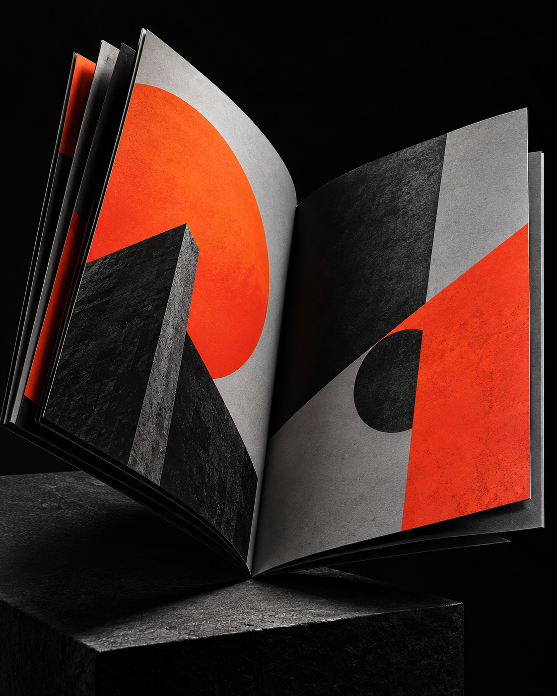 Open editorial brochure in orange, black and grey